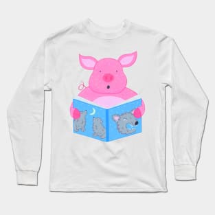 Animals with books part 2 - Pig reading scary bedtime story Long Sleeve T-Shirt